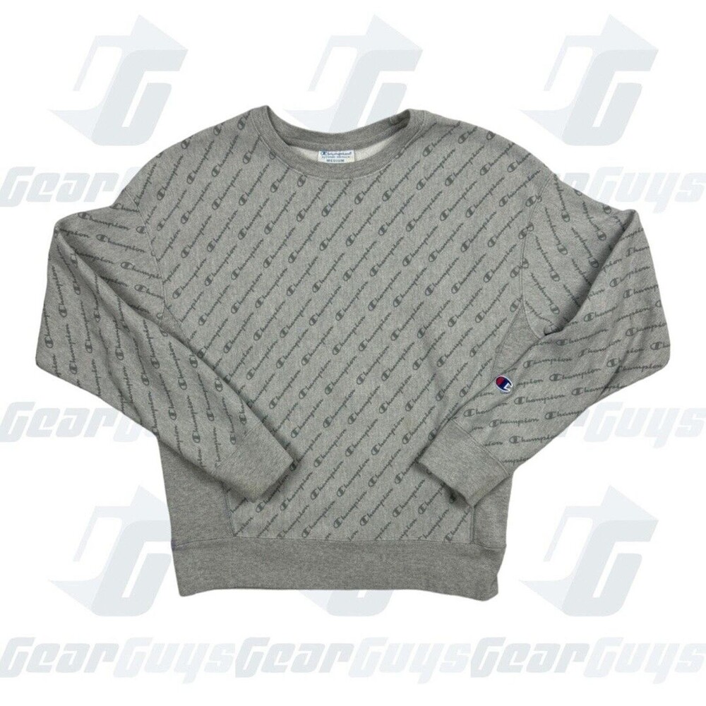 Champion Reverse Weave Gray Crew Neck All Over Logo Print Sweatshirt Med